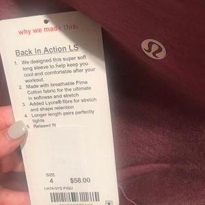 Lulu lemon back in action long sleeve top